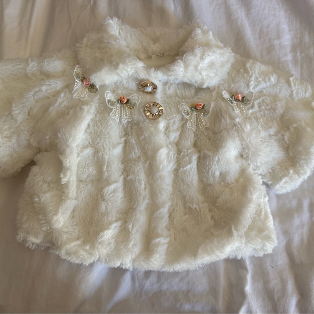 Faux Fur Cream Baby Jacket with Floral Embellishments